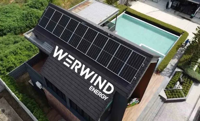 Aerial view of a roof with a WERWIND Energy solar installation
